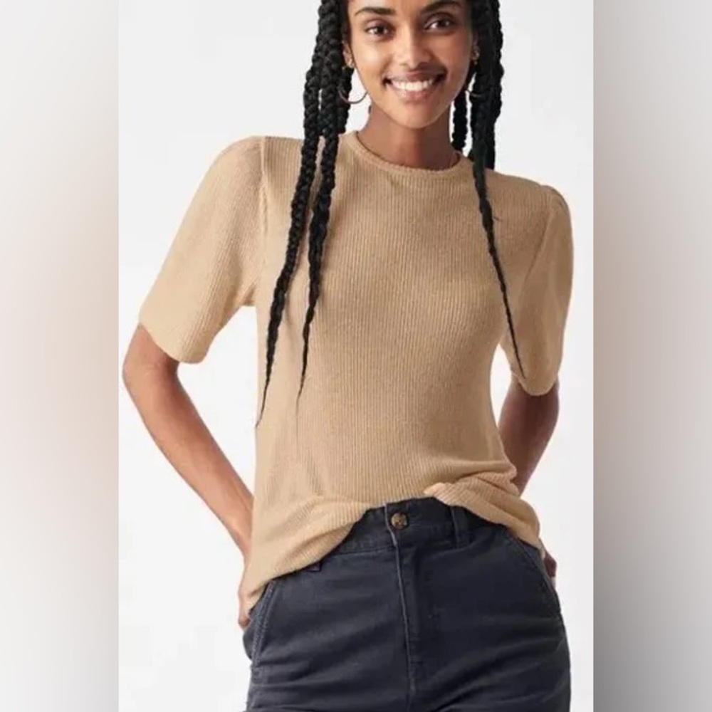Faherty Brand Womens Nomad Tan Beige Legend Rib Layne Ribbed Minimalist Tee Sz S